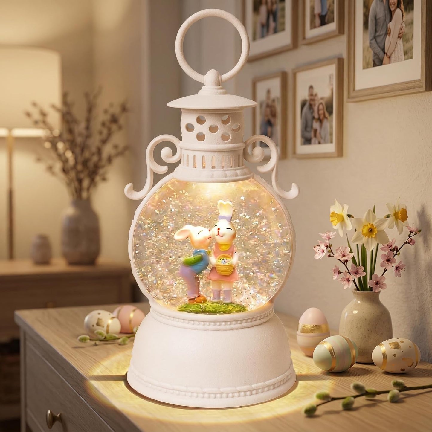 Easter Snow Globe Lantern, 9.4" Bunny Couple Lighted Snow Lantern with 6-Hour Timer, Battery or USB Powered, Spring Easter Decorations for Home, Easter Bunny Gift & Blue Easter Decor
