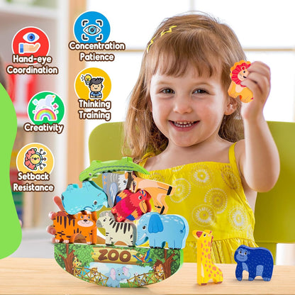 IPOURUP Dinosaur Toys for Kids 3-8 Kid Wooden Stacking Blocks Montessori Toy for 3 4 5 6 7 8 Year Old Boys Girls Christmas Birthday Gifts Toddler Balance Game Ages 3-5 Toys for Boy Girl Age 5-7