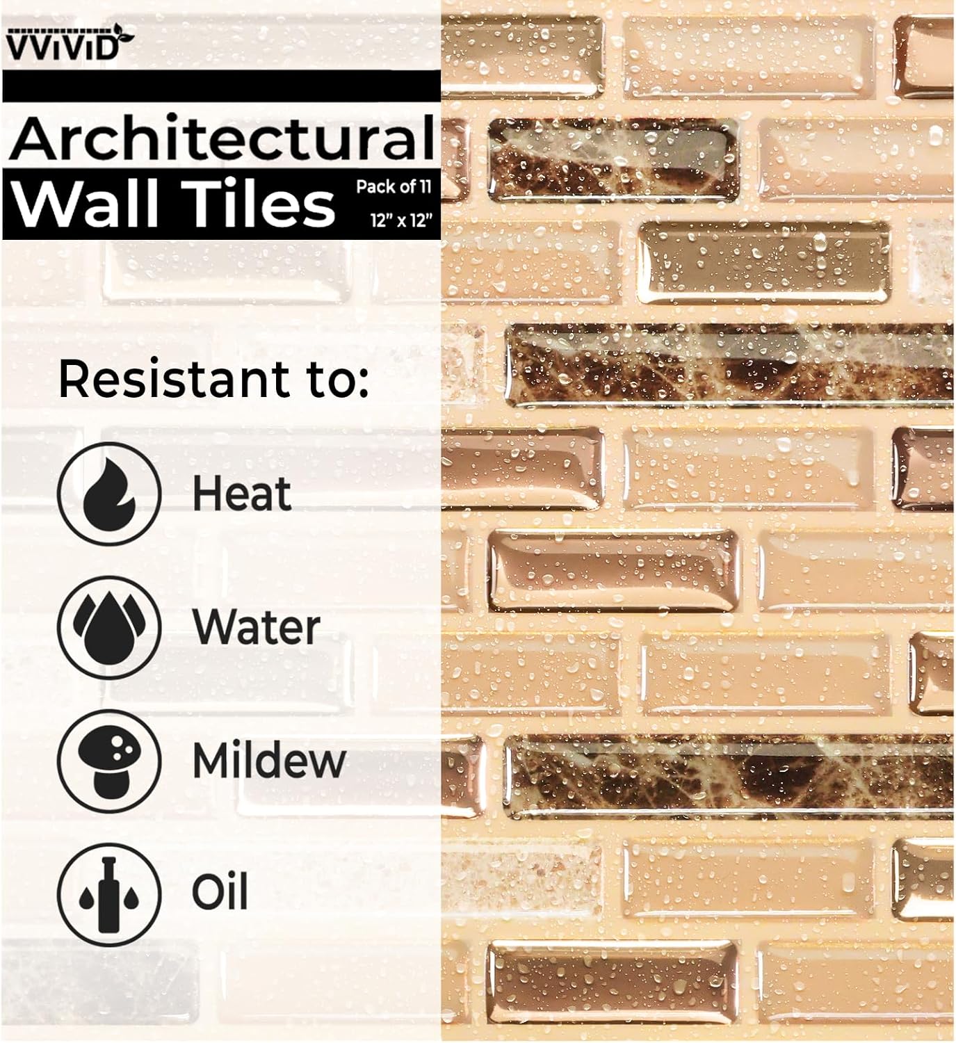 VViViD 11 Sheets Peel and Stick Grey Gloss Faux Ceramic Brick Wall Tiles, Self Adhesive Backsplash 12”x12”, 2mm Thick Kitchen, Bathroom (11 sq. ft.)