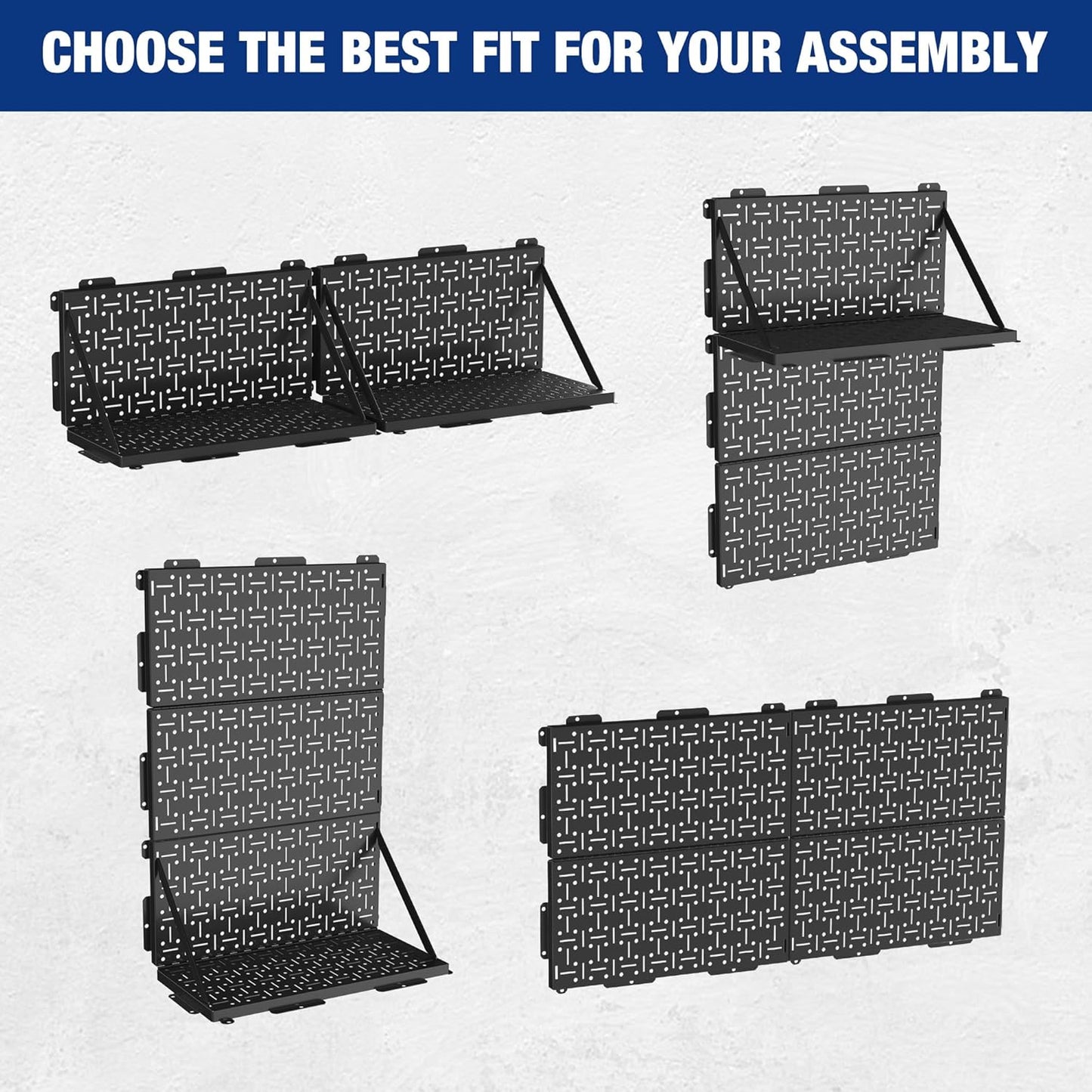 WORKPRO 16”x 16” Metal Peg Board, Foldable Black Pegboard for Wall Organization, Steel Panel with Round Holes & Vertical Slots, Ideal Tool Organizer in Office and Craft Room, 3 Pack