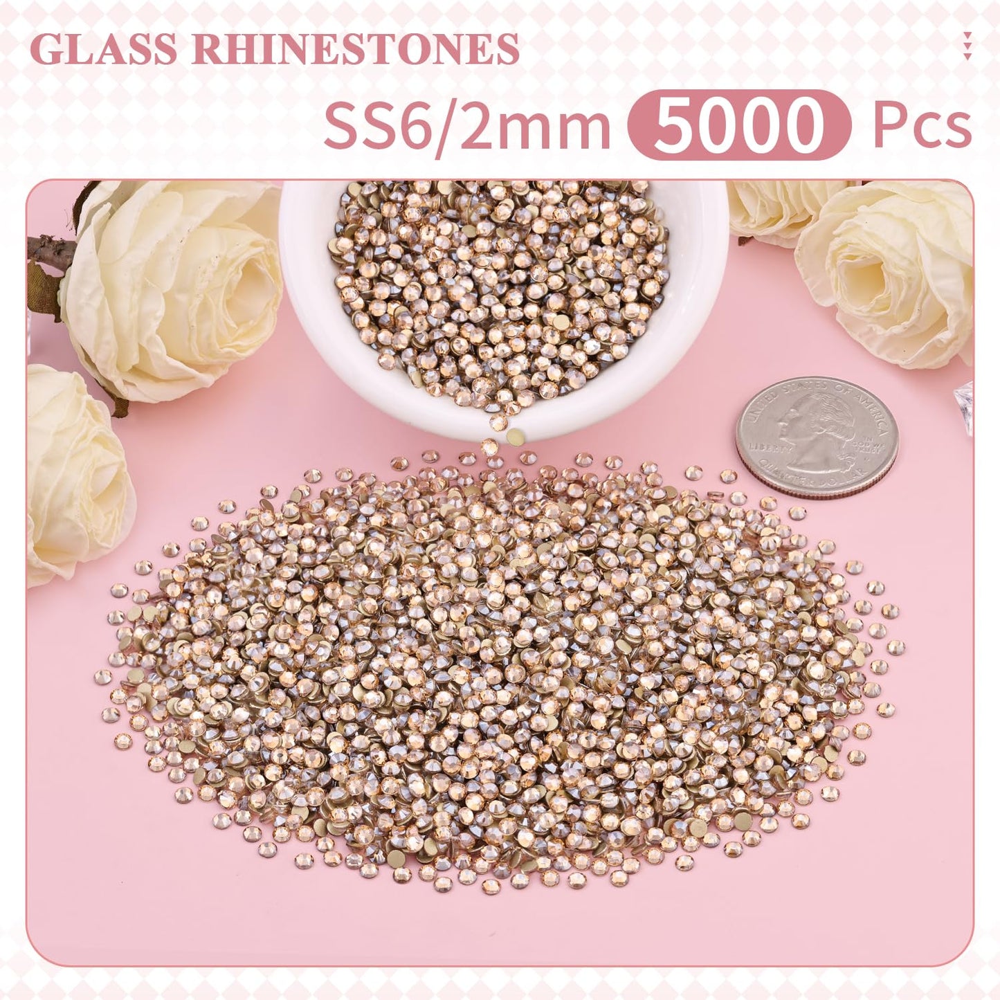 5000PCS SS6/2mm Glass Crystal Rhinestones (Clear), Bedazzling Flatback Rhinestones for Crafting DIY Crafts Nail Art Makeup Decoration, Gems Diamond Charms for Tumbler Shoes Clothing Mug
