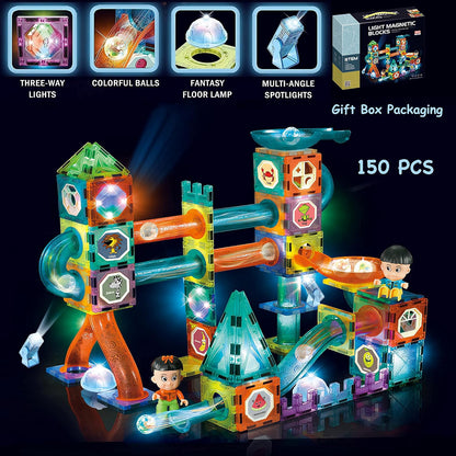 Glowing Magnetic Tiles Marble Run Race Track Super Set - 110 Complete Pieces Glow in The Dark STEM Light Magnetic Building Blocks Gravity Marble Maze Games for Toddlers Kids Boys Girls Ages 3+ Years