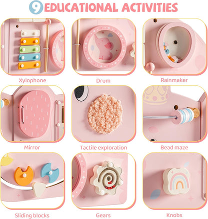 ROBUD Elephant Montessori Busy Board, 12-in-1 Activity Wall Busy Board, Montessori Sensory Wall Panel for Boys & Girls, Toddler Learning Activity Center for Playroom, Nursery, Pink