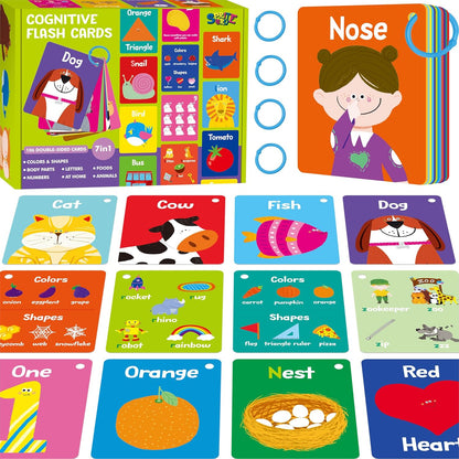50 PCS Kid First Cognitive Flashcards,Double Sided Printed 7 in 1 Colorful Cards Alphabet,Numbers, Foods,Animals,Shapes,Colors with 3 Reclosable Rings,Learning Tool for Pre-K Kindergarten Toddlers