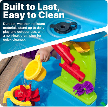 Step2 Rain Showers Splash Pond Water Table with Cover, Kids Water and Sand Activity Sensory Playset, Summer Outdoor Toys, 13-Piece Water Toy Accessories, For Toddlers 1.5+ Years Old, Blue & Green