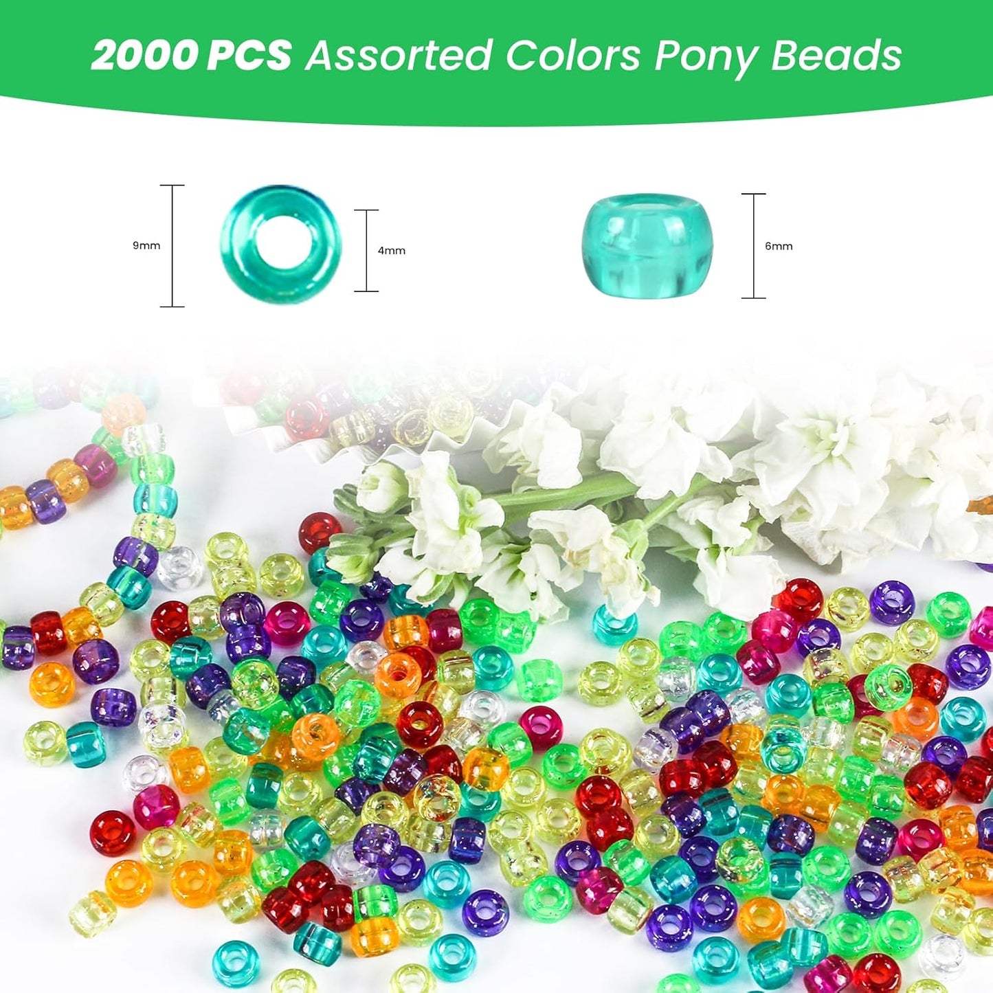 2000 Pcs Multi-Colored Glitter Pony Beads, 6x9mm, Round, Acrylic, Loose Beads, Perfect for Bracelets, Jewelry Making, Crafts