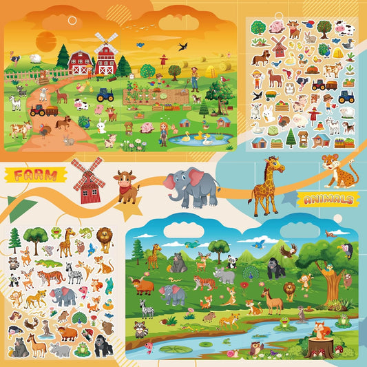 2 Set Reusable Sticker Books for Toddlers 2-4 Years, Puffy Reusable Sticker Activity Book for Kids Toddlers 1-3 Girls Boys Birthday Gifts Include Vehicles&Dinosaur