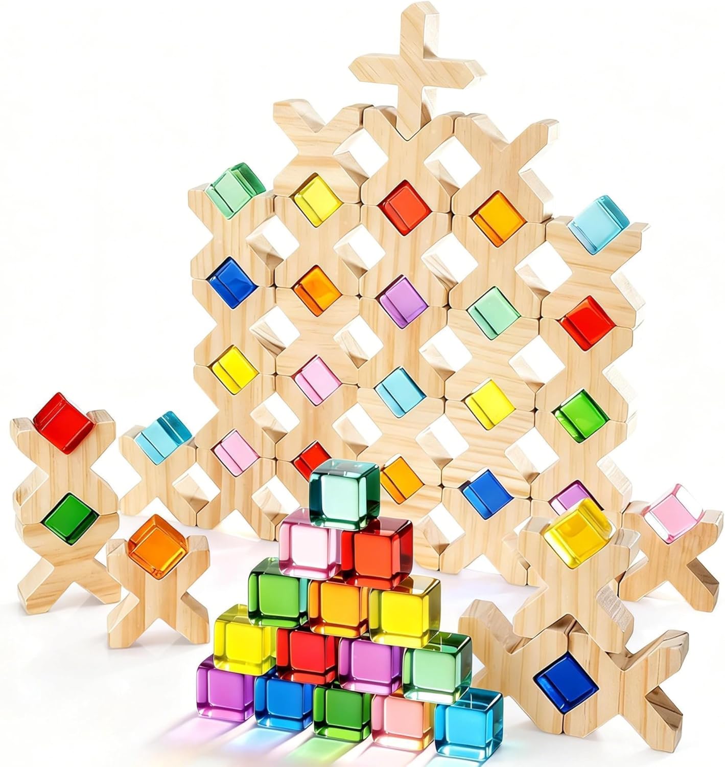 Woodtoe Wooden Building Blocks Set for Kids, 36 PCS Rainbow Acrylic Gem Blocks - 3 Wood House, Montessori Stacking Toy for Toddlers, Educational STEM Birthday Creative Toy Gift for Boys Girls 3-6