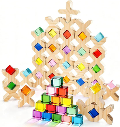Woodtoe Wooden Building Blocks Set for Kids, 36 PCS Rainbow Acrylic Gem Blocks - 3 Wood House, Montessori Stacking Toy for Toddlers, Educational STEM Birthday Creative Toy Gift for Boys Girls 3-6