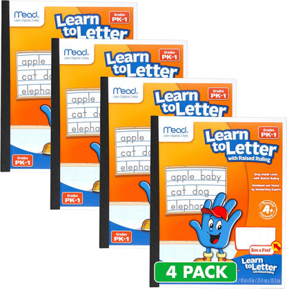 Mead Learn to Letter Writing Tablet, Handwriting Practice Pad Grades PK-1, 10" x 8", Solid & Dotted Raised Ruling, 40 Sheets, 4 Pack (480018)