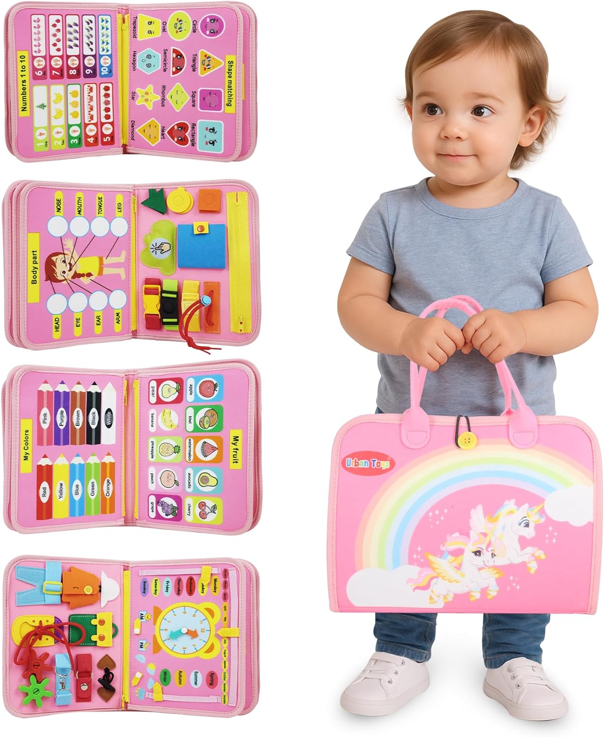URBAN TOYS Montessori Busy Board - Ideal Busy Book Toddler Toys & Gifts for Boys & Girls, Toddler Travel Essential for Airplane & Car, Sensory Toys, Great for Baby Gifts for Boys