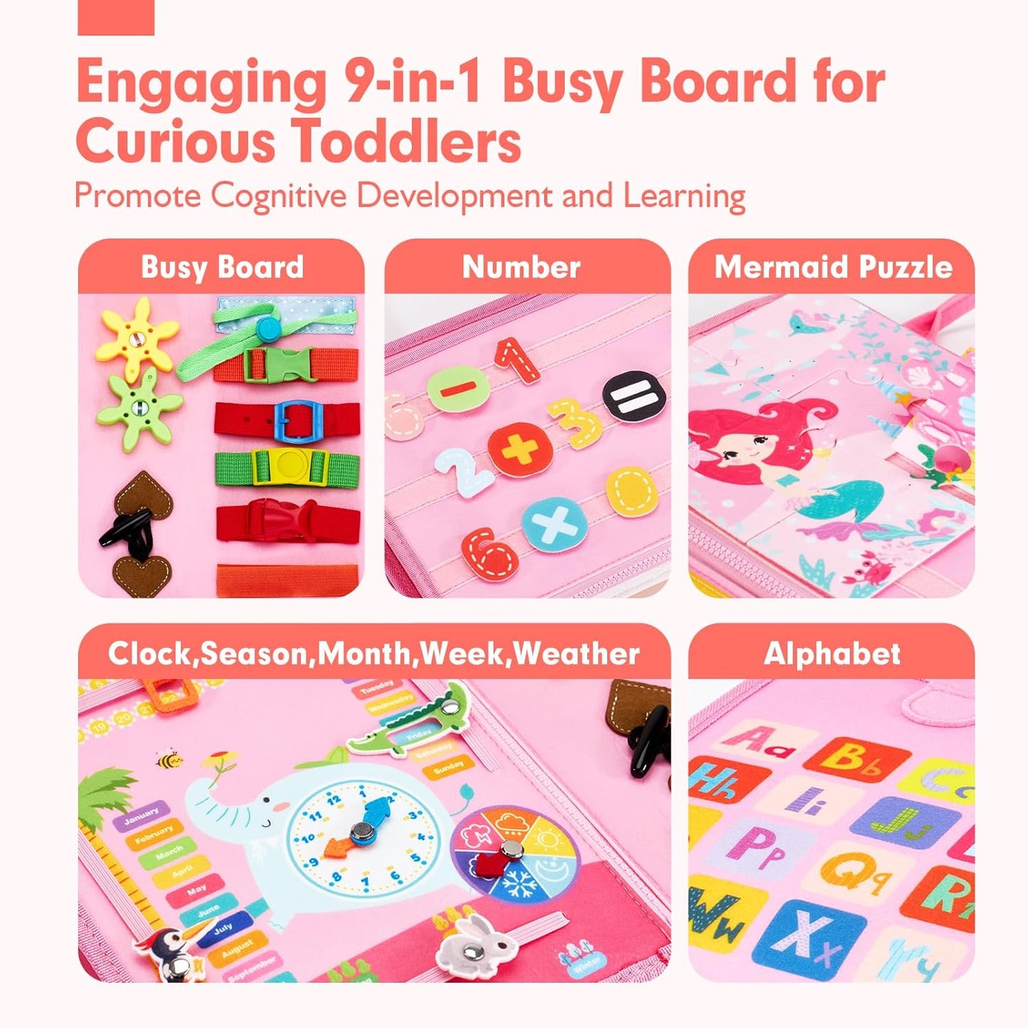 hahaland Busy Board for Toddlers - Montessori Toys Preschool Learning Activities with Life Skills, Alphabet, Number, Shape, Color, Animal, Weather - Toddler Boy Learning Educational Toys, Travel Toys