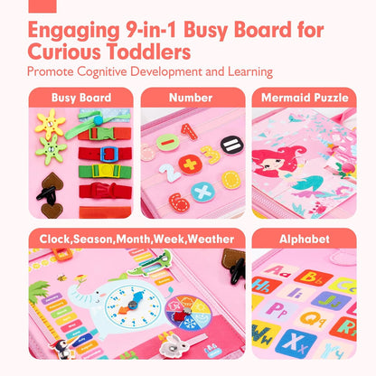 hahaland Busy Board for Toddlers - Montessori Toys Preschool Learning Activities with Life Skills, Alphabet, Number, Shape, Color, Animal, Weather - Toddler Boy Learning Educational Toys, Travel Toys