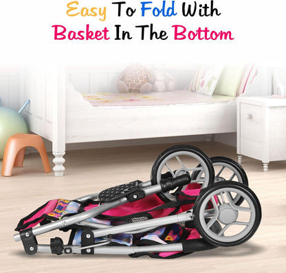 Fash N Kolor - Baby Doll Stroller with Adjustable Canopy & Toy Storage Basket - Foldable Baby Stroller for Pretend Play - Denim Pink,