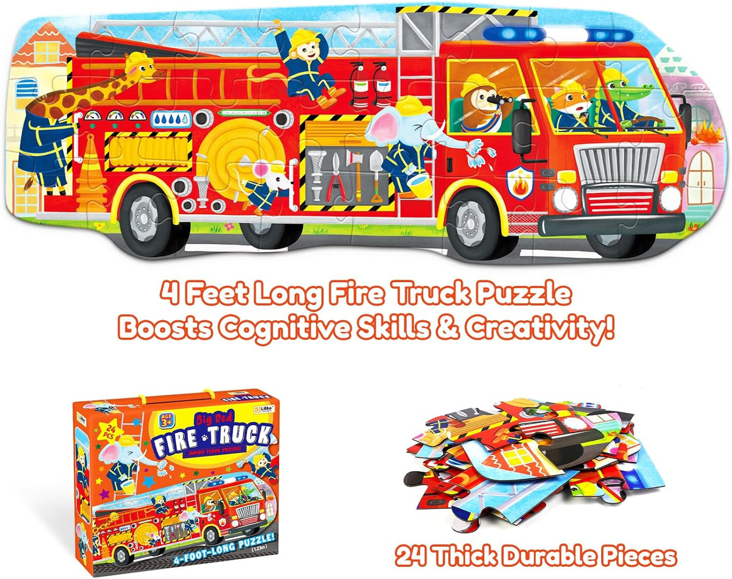 Big Red Fire Truck 4-Foot Long Jumbo Floor Puzzle - 24 Extra-Large Pieces, Fun Educational Toy for Kids Ages 3+, Durable & Easy to Assemble