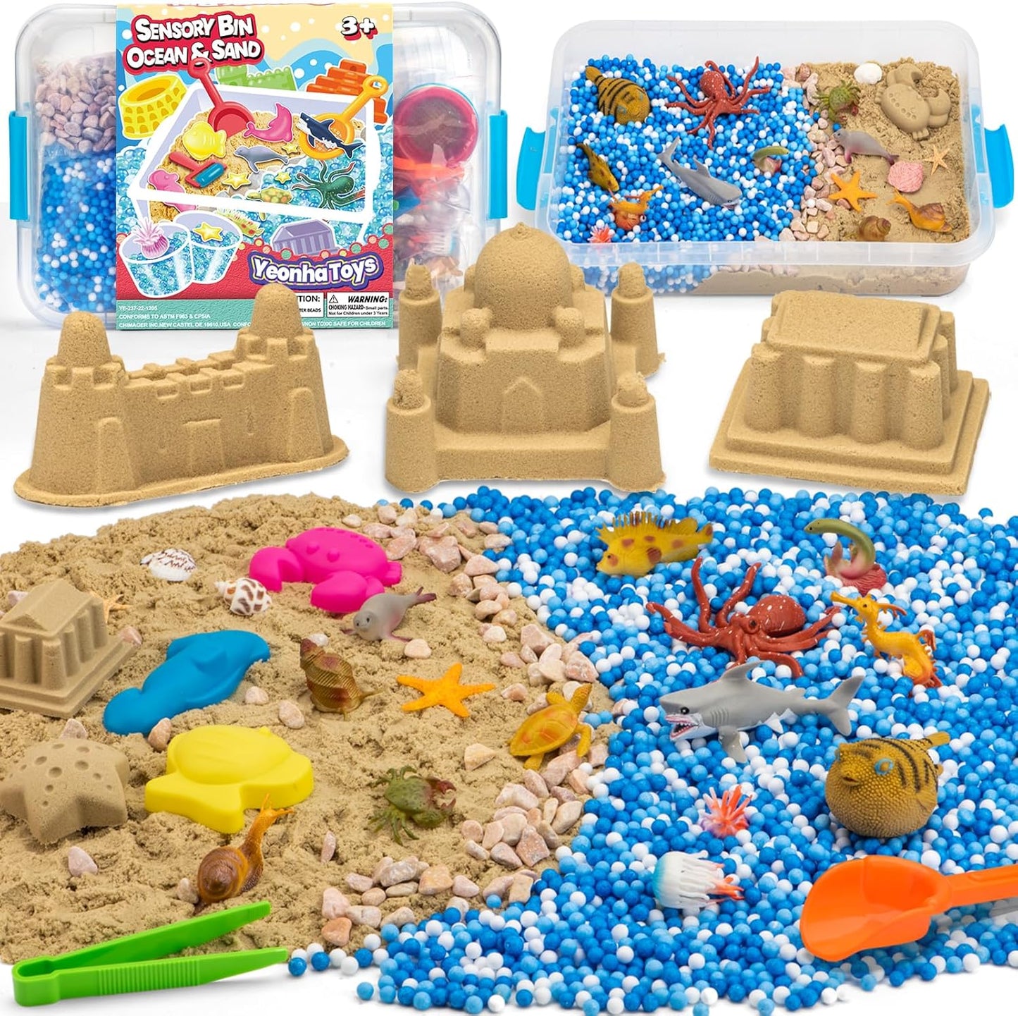 Ocean&Sand Sensory Bin with Lid, 42 Pcs Sensory Sand Kit with Sea Animals for Kids, Birthday Christmas Gifts for Boys Girls, Preschool Learning Activities Tools Box, Outdoor Sandbox Toys for Toddlers