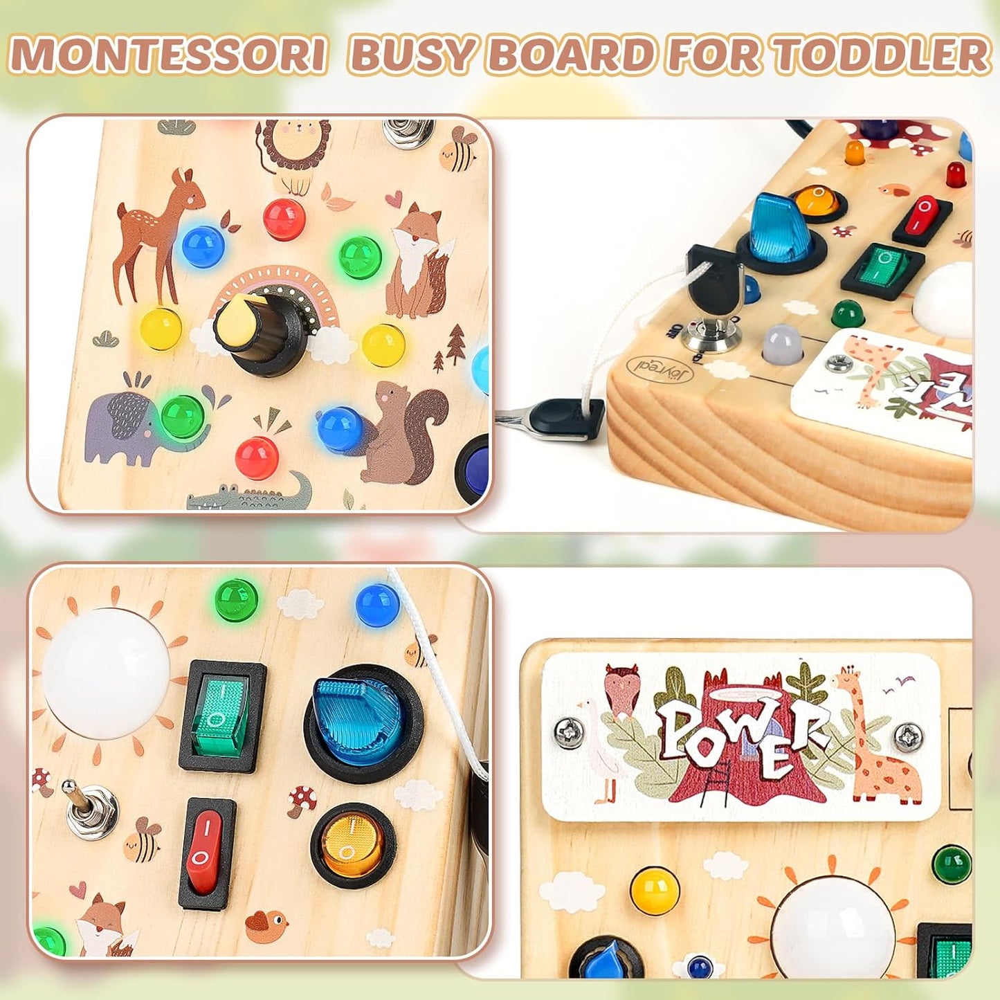 Joyreal Wooden Busy Board with LED Light, Montessori Toddler Toys, Wooden Sensory Board, Toddlers Activity Travel Toys for Boy & Girl Birthday Gift (Farm Theme)