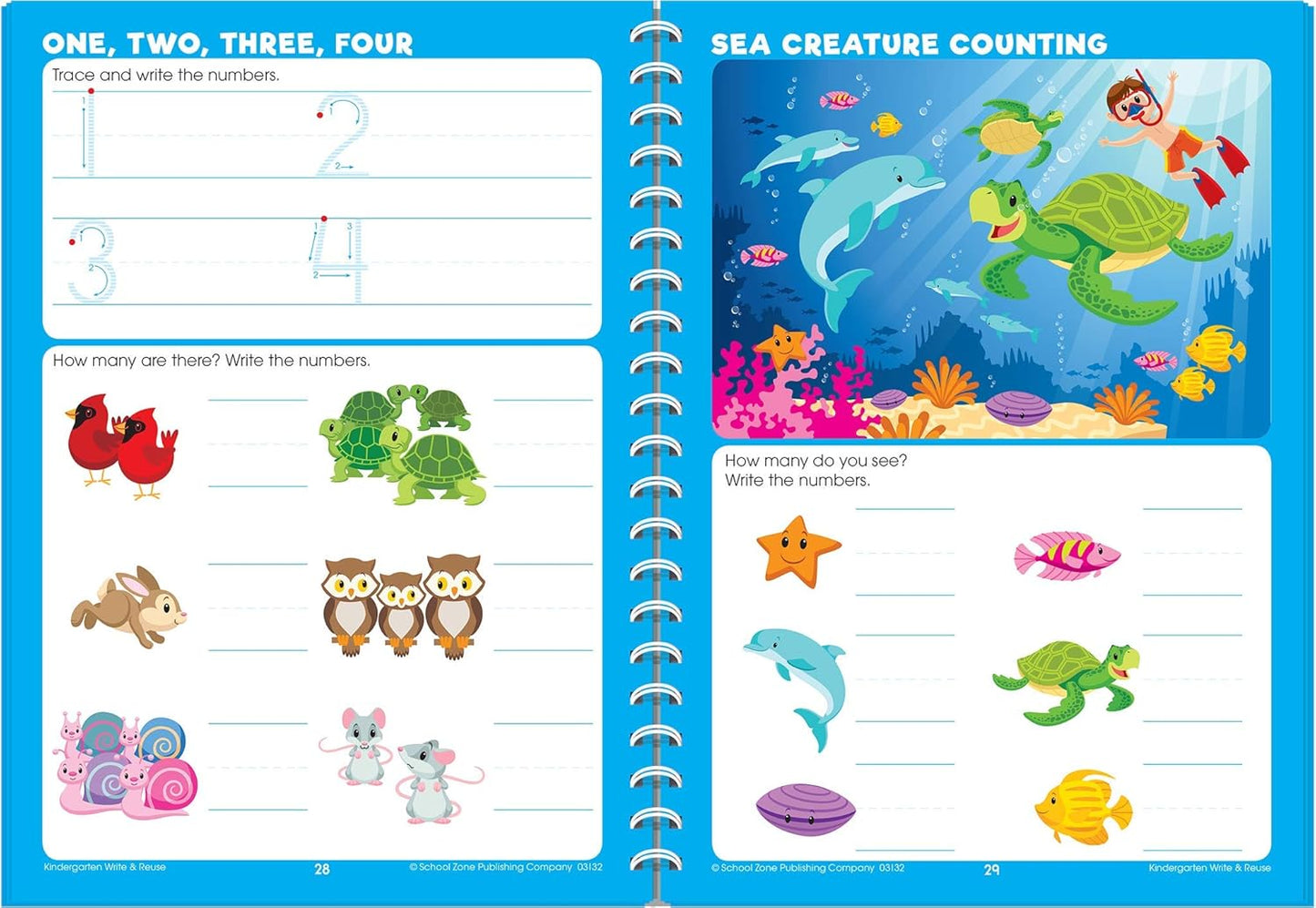School Zone Kindergarten Write & Reuse™ Workbook: 52 Wipe-Clean Pages, Spiral-Bound, Early Math, ABCs, Counting, Ages 5-6, Includes Dry-Erase Marker