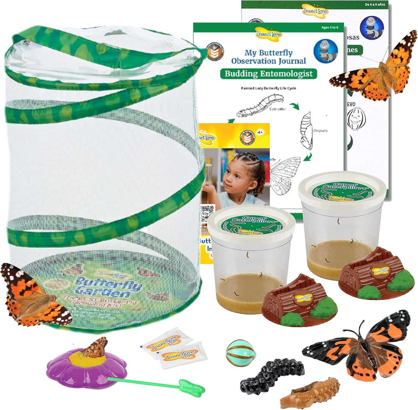 Insect Lore Butterfly Garden with Live Cup of Caterpillars | English and Spanish STEM Activity Journals | 5 Painted Lady Butterfly Baby Caterpillars and Mesh Habitat