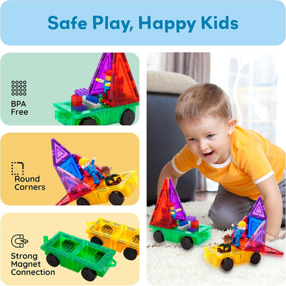 PicassoTiles 2 Piece Car Truck Construction Kit Toy Set Vehicle for Magnetic Blocks Building Tile Sensory Magnet Toys with Re-Enforced Hitch & Long Bed Educational Puzzle Girls Boys Toddlers Ages 3+