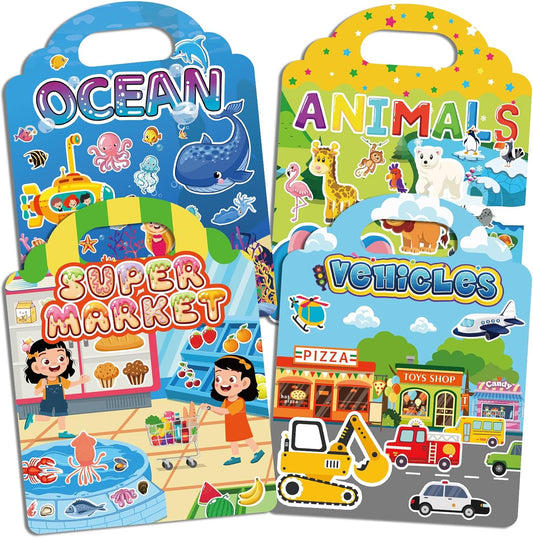 6 Sets Reusable Sticker Book for Toddlers 1-3, Jelly Sticker Books for Childs 1 2 3 Years, Toddler Travel Toys for Ages 1-3 Boys & Girls