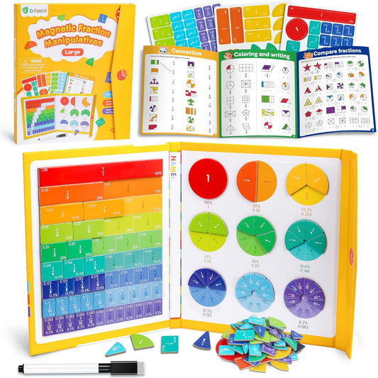 D-FantiX Large Magnetic Fraction Book, Magnetic Fraction Tiles & Fraction Circles Set with Dry Erase Activity Card, Montessori Fraction Manipulatives Learning Toys for Kids