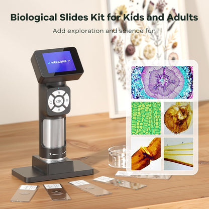 JL112 Handheld Microscope for Kids Adults, Portable Digital Microscope with 2" LCD Screen, 1080P USB Pocket Microscope Camera with 8 LED Lights, PC View, Microscope Slide Kit, 32GB