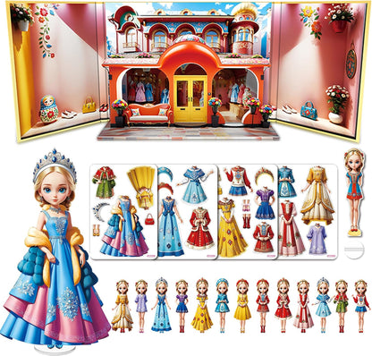 Magnetic Dress Up Dolls for Girls - Princess Magnet Paper Dolls Book with 3D City Buildings - Travel Car Trip Quiet Book Game Toys Easter Birthday Gifts for Kids Toddlers Ages 3 4 5 6 7(Style C)