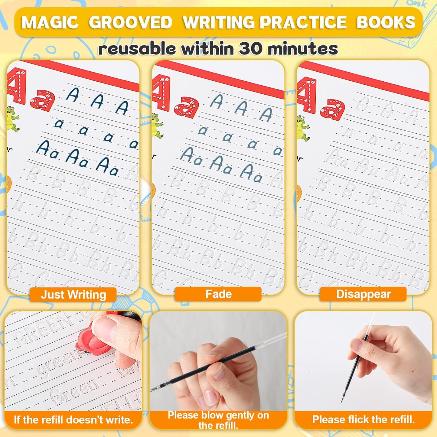 8 Pieces Magic Grooved Writing Practice Books Disappearing Ink Pens Reusable Groove Workbooks Tracing Handwriting Practice Without Tears for Kids Kindergarten Preschool Supplies,10.2 x 7.3inch