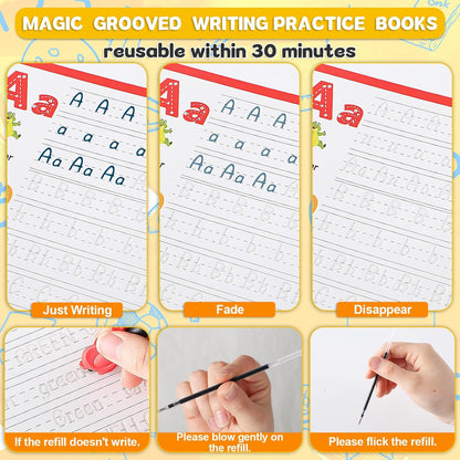 8 Pieces Magic Grooved Writing Practice Books Disappearing Ink Pens Reusable Groove Workbooks Tracing Handwriting Practice Without Tears for Kids Kindergarten Preschool Supplies,10.2 x 7.3inch