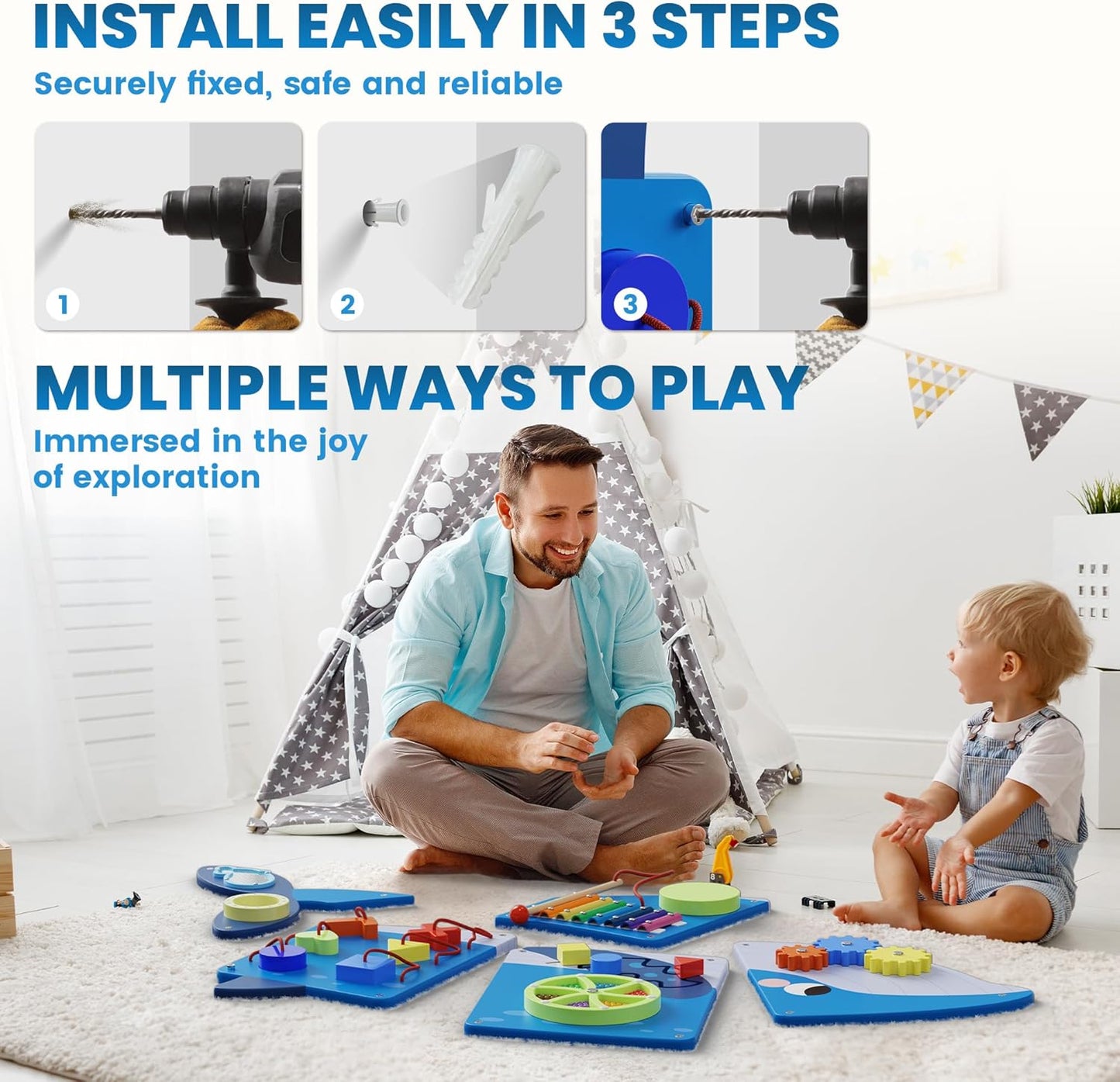 BlueWood Wooden Wall Busy Board Panels, Toddler Learning Activity Center, Montessori Philosophy Sensory, Educational Toys, Conducive to All-Round Development - Whale