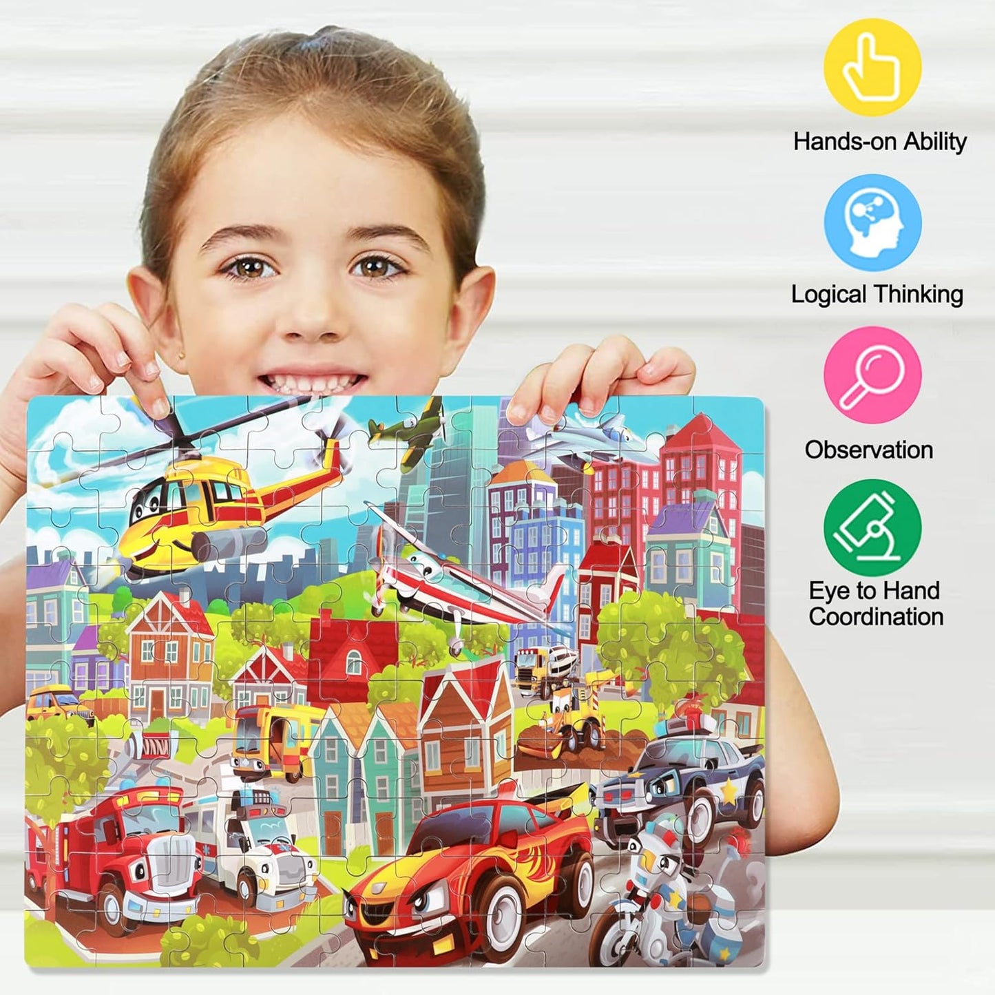 LELEMON 100 Pieces Jigsaw Puzzles in a Metal Box for Kids Age for 4-8 Boys Girls Toy Puzzles Construction Site Vehicles Children Learning Educational Puzzles Toys