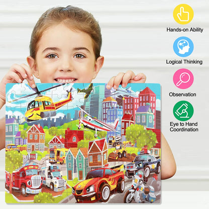 LELEMON 100 Pieces Jigsaw Puzzles in a Metal Box for Kids Age for 4-8 Boys Girls Toy Puzzles Construction Site Vehicles Children Learning Educational Puzzles Toys