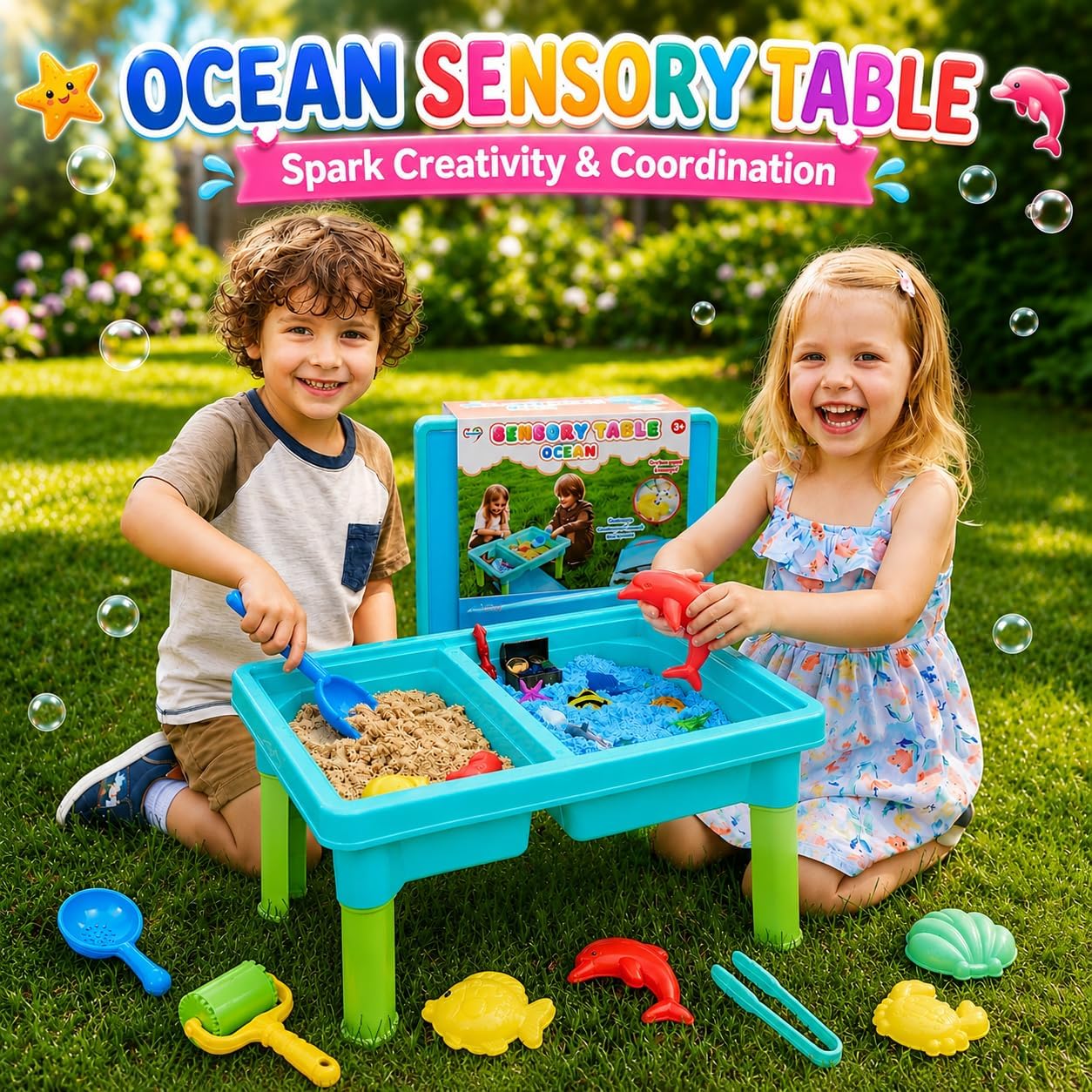 Carolart Ocean Sensory Table with Sands, Bin with Lid, Indoor Outdoor Use, Sand Art Kit for Boys and Girls, Toys for Toddlers Age 3-5, 17x11.5x10.2 Inches