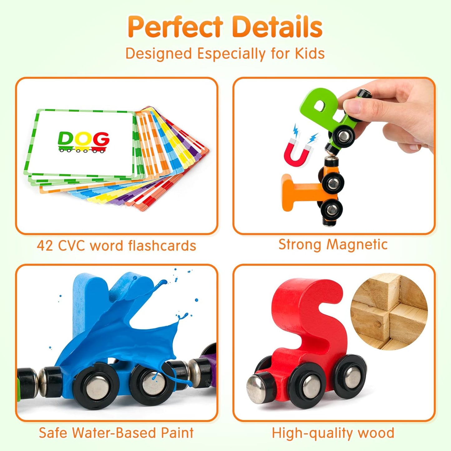 Vanmor Wooden Train Set for Toddlers - Snap-Connection Animal Trains, Magnetic Alphabet Train Learning Toys, STEM Preschool Toys, ABC and Animal Play Set for Kids Ages 3-5