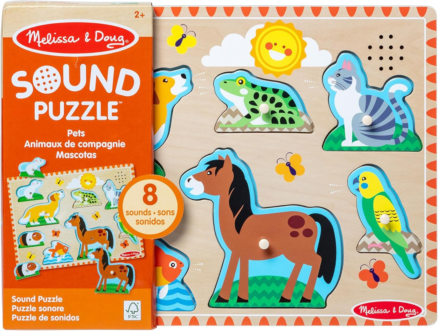 Melissa & Doug Farm Animals Sound Puzzle – 8-Piece Wooden Peg Puzzle with Light-Activated Sounds, Music Learning Toy for Toddlers and Preschoolers Ages 2+