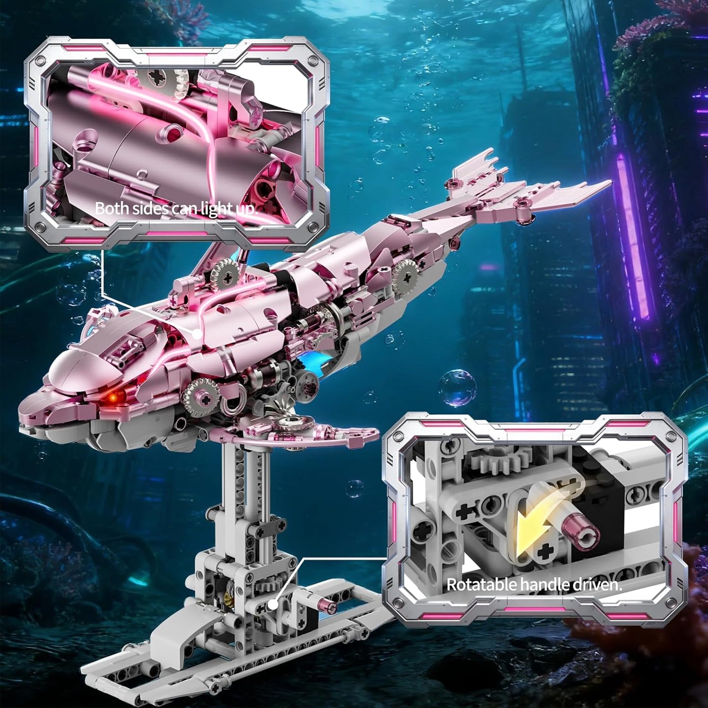 Mechanical Blue Dolphin Building Blocks Set Hand-Operated Motion, Detailed Gear Design, Display & Play Model Futuristic Ocean Animal Model
