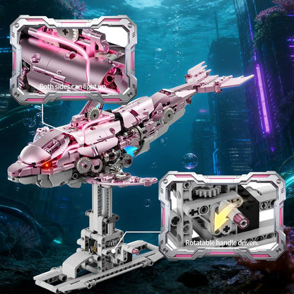 Mechanical Blue Dolphin Building Blocks Set Hand-Operated Motion, Detailed Gear Design, Display & Play Model Futuristic Ocean Animal Model