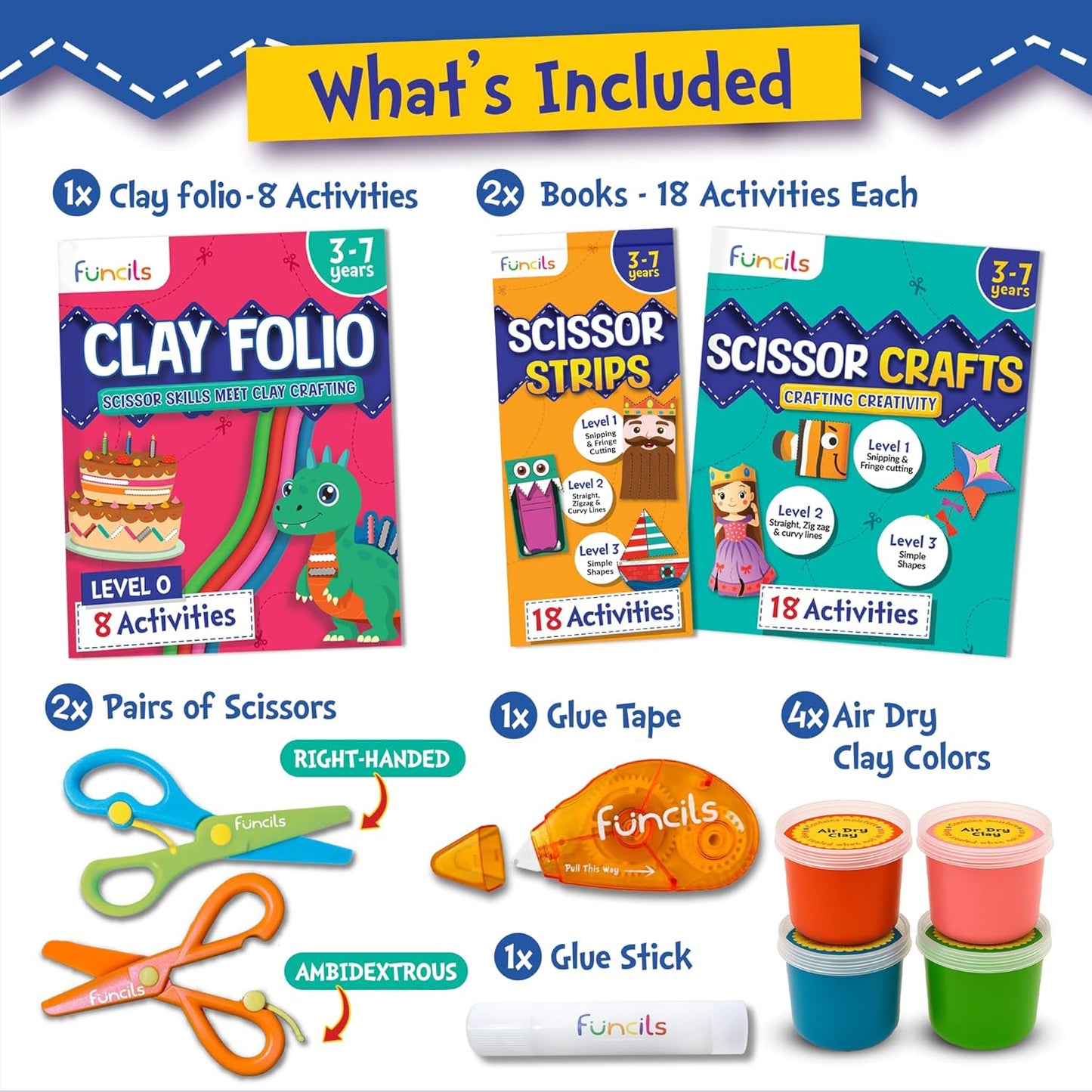 Funcils Toddler Scissor Skills - Art Supplies & Crafts Kit for Kids, Safety Scissors, Fine Motor Toys, Montessori Gifts for Boys & Girls Ages 3, 4, 5, 6, 7 Year Old, Preschool Learning Activity Books