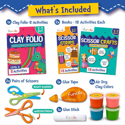 Funcils Toddler Scissor Skills - Art Supplies & Crafts Kit for Kids, Safety Scissors, Fine Motor Toys, Montessori Gifts for Boys & Girls Ages 3, 4, 5, 6, 7 Year Old, Preschool Learning Activity Books