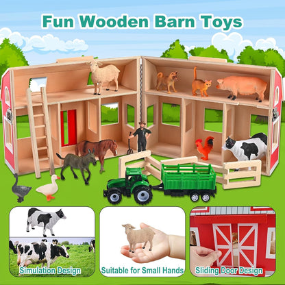 Wooden Barn Toys, Play Barn with 12 Animal Play Figures for 3+ Years Old, Toy Barn and Farm Animals，Wooden Barn Playset for Christmas Birthday Gift for Boys Girls