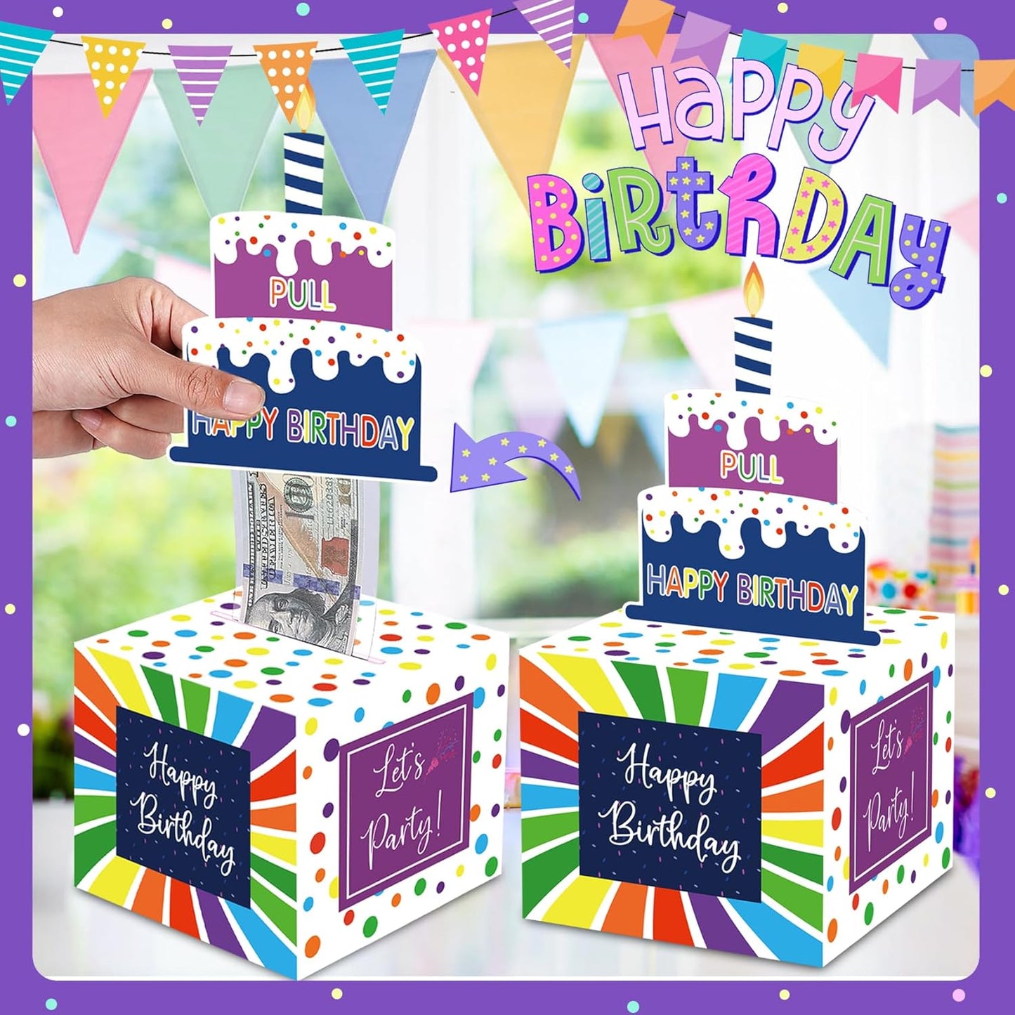 Birthday Money Box for Cash Gift Pull, Surprise Gift Boxes for Money, Money Holder Box with Pull Out Happy Birthday Card and 50Pcs Transparent Bags, Money Gift Ideas for Kids and Adults