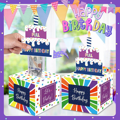 Birthday Money Box for Cash Gift Pull, Surprise Gift Boxes for Money, Money Holder Box with Pull Out Happy Birthday Card and 50Pcs Transparent Bags, Money Gift Ideas for Kids and Adults