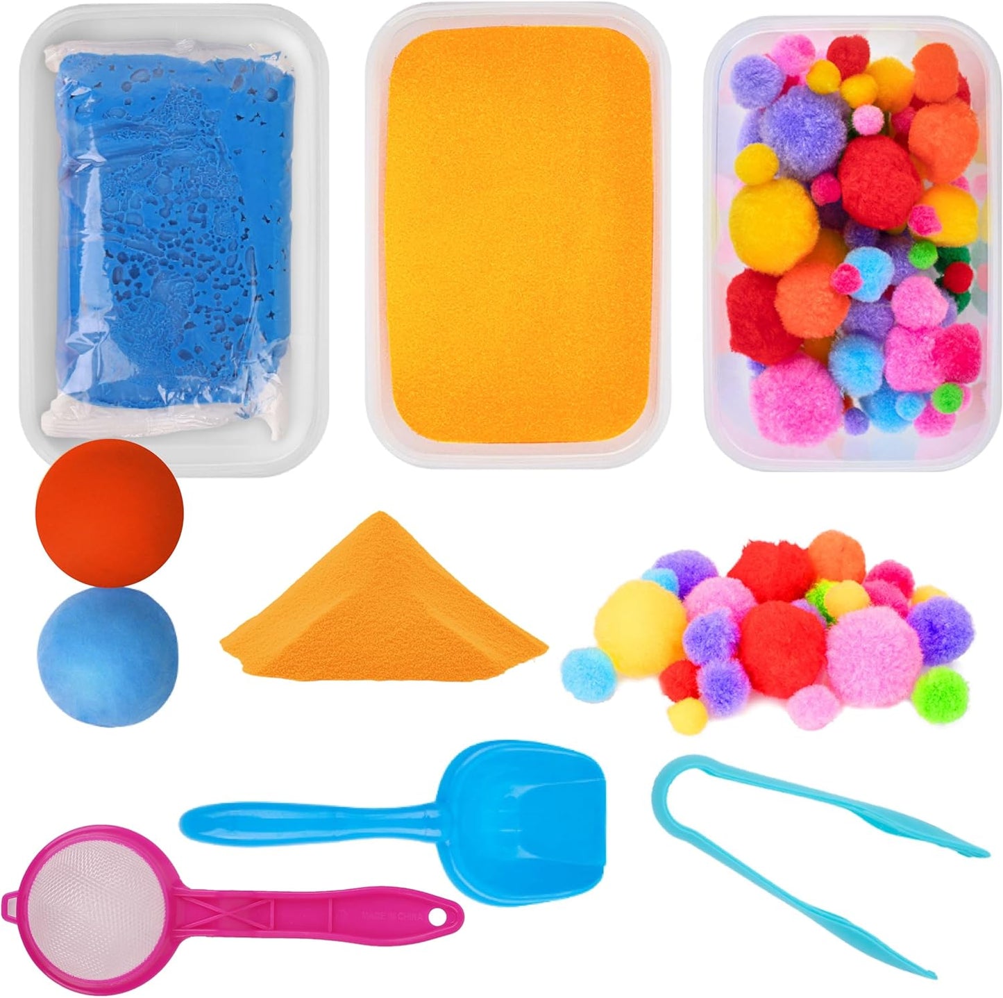 LOLO TOYS Sensory Kit for Toddlers and Kids - Includes 3 Bins with Lids, Play Tools, Sand, Feathers, Clay, Color Beads and Pom Poms Kids Box Fillers (Starter Set)