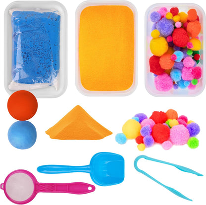 LOLO TOYS Sensory Kit for Toddlers and Kids - Includes 3 Bins with Lids, Play Tools, Sand, Feathers, Clay, Color Beads and Pom Poms Kids Box Fillers (Starter Set)