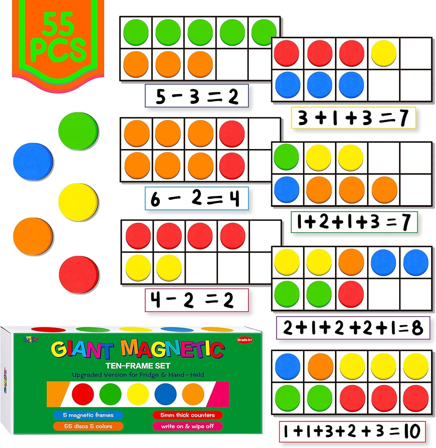 Magnetic Ten-Frame Set, 6 Frames & 66 Colorful Star-Shaped Counters Ten Frame Math Games Manipulative Counting Toys for Kindergarten Preschool, 6 Colors & 2 Markers (Fridge & Hand-held)
