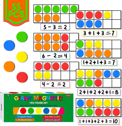 Magnetic Ten-Frame Set, 6 Frames & 66 Colorful Star-Shaped Counters Ten Frame Math Games Manipulative Counting Toys for Kindergarten Preschool, 6 Colors & 2 Markers (Fridge & Hand-held)