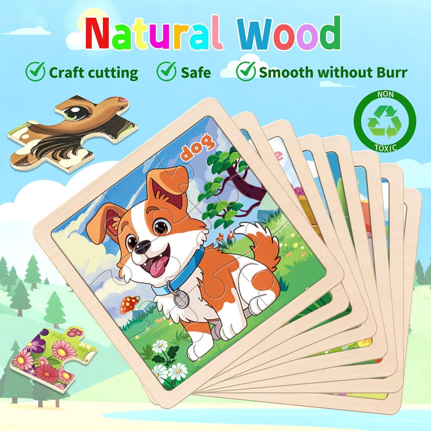 Wooden Animals Puzzles for Toddlers 2-4, 8 Pack 9 PCS Jigsaw Puzzles for Kids 2-4, Wooden Puzzles for Toddlers 3-5, Animal Puzzles for Kids 3-5, Preschool Puzzles Learning Educational Sets Toys