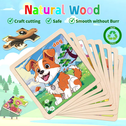 Wooden Animals Puzzles for Toddlers 2-4, 8 Pack 9 PCS Jigsaw Puzzles for Kids 2-4, Wooden Puzzles for Toddlers 3-5, Animal Puzzles for Kids 3-5, Preschool Puzzles Learning Educational Sets Toys