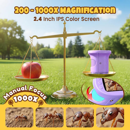 Handheld Digital Mini Microscope for Kids: 1000X 4K Portable Pocket 2.4" Screen Microscopes Toys STEM Electronic Learning Educational Science Kit 8-12 Birthday Gift 4 5 6 7 Year Old Boy Girl (Yellow)